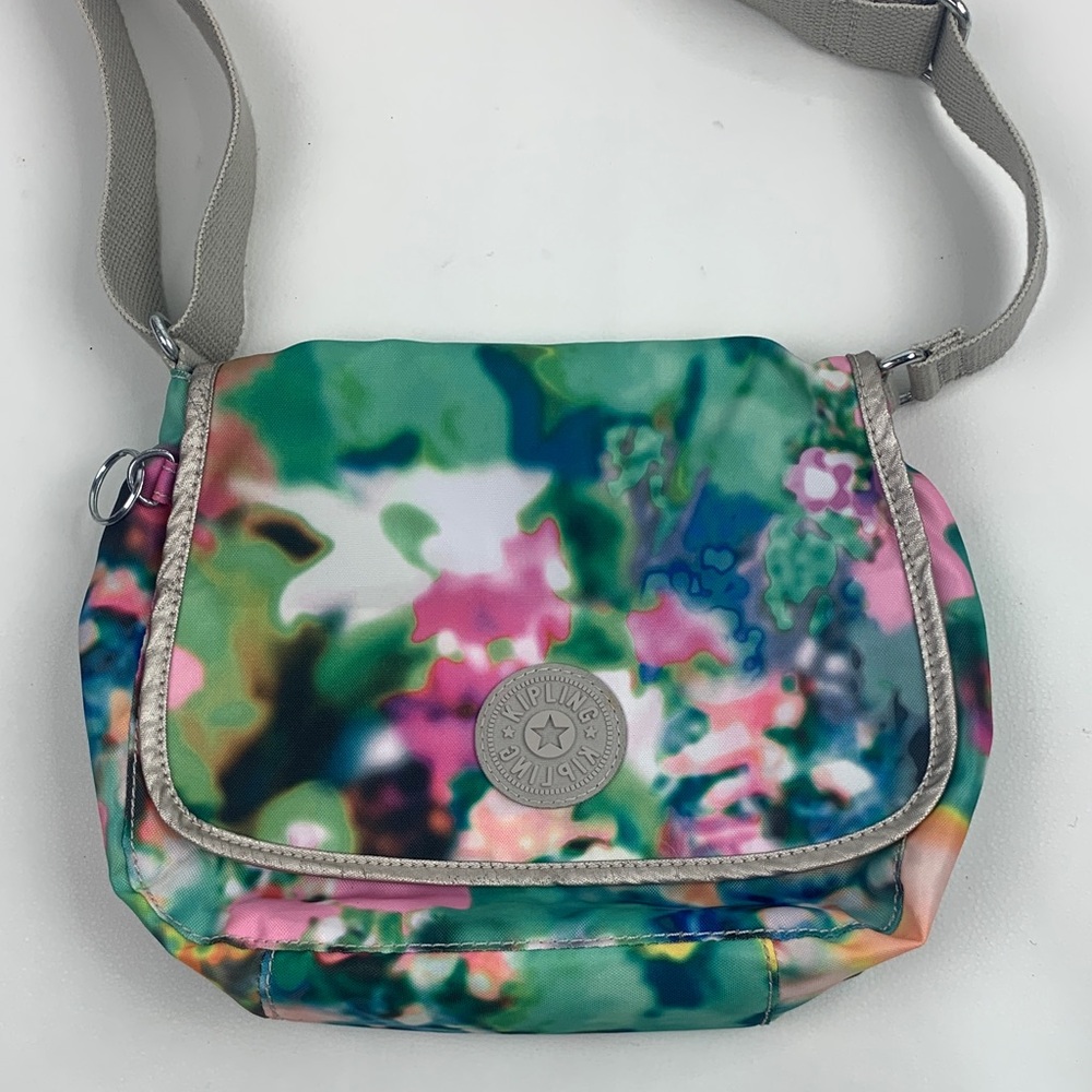 Kipling Floral Nylon Crossbody Messenger Bag Green pink White Gray Strap EUC